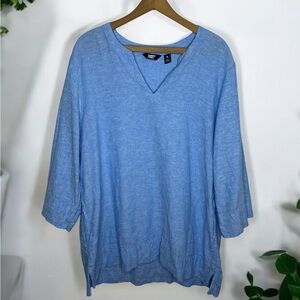 LANDS’ END Blue Linen Blend V Neck Popover Tunic Blouse with Pockets XL